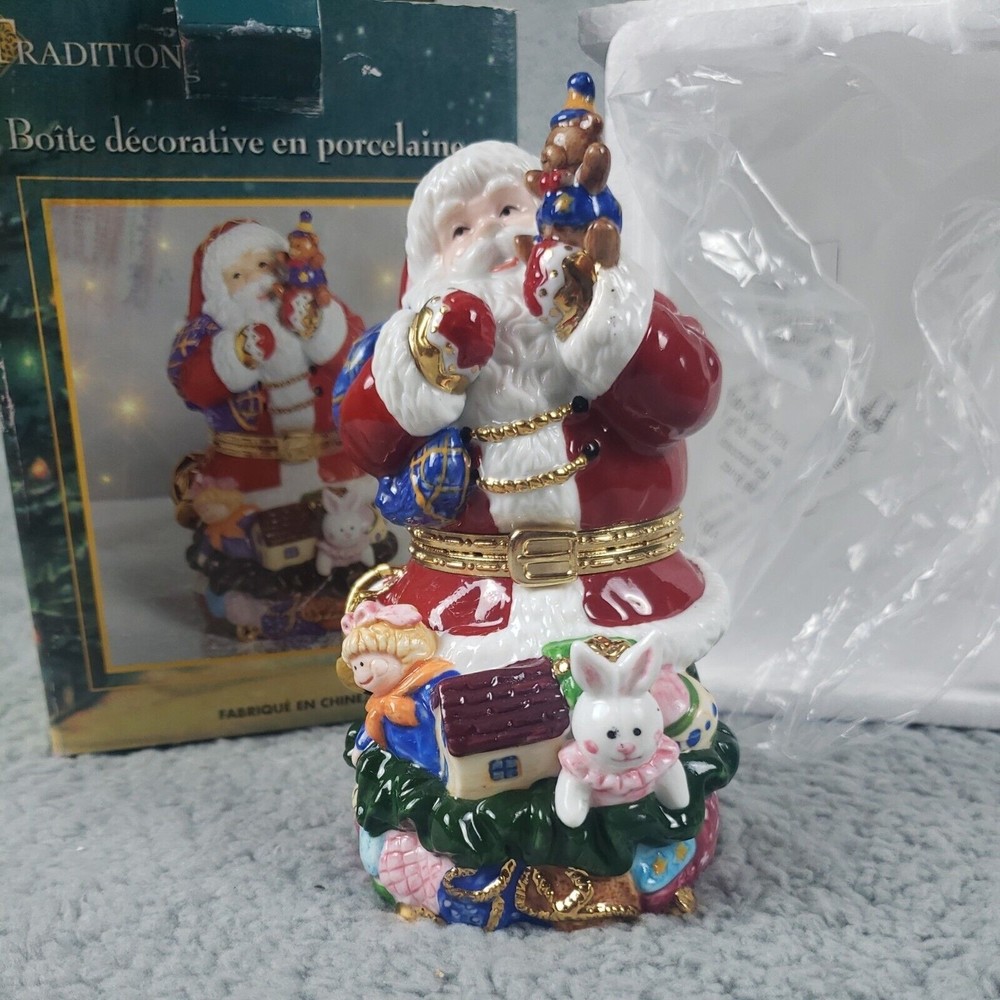 Traditions Porcelain Hinged Keepsake Decorative Box Christmas Santa Claus Bear